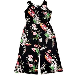 Floral Tropical Jumpsuit Sleeveless V Neck Wide Leg BumbleBella Black Red XL